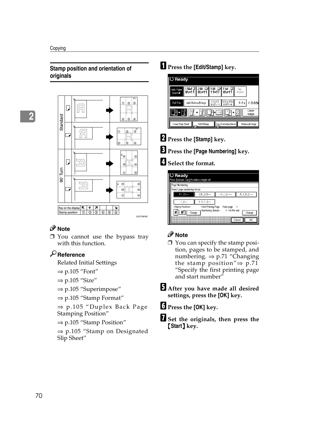 Savin 2575, 2565 specifications Stamp position and orientation of originals 