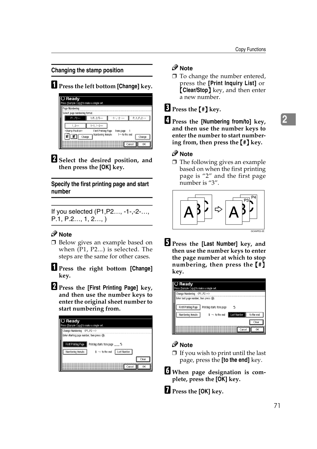 Savin 2565 Changing the stamp position, Specify the first printing page and start number, Press the Print Inquiry List or 