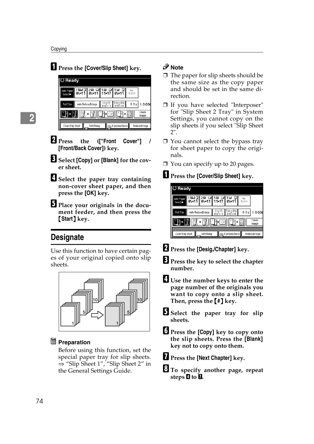 Savin 2575, 2565 Designate, Press the Cover/Slip Sheet key Press the Desig./Chapter key, Press the Next Chapter key 