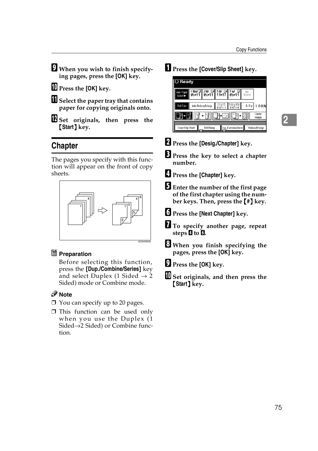 Savin 2565, 2575 specifications Chapter, Start key 