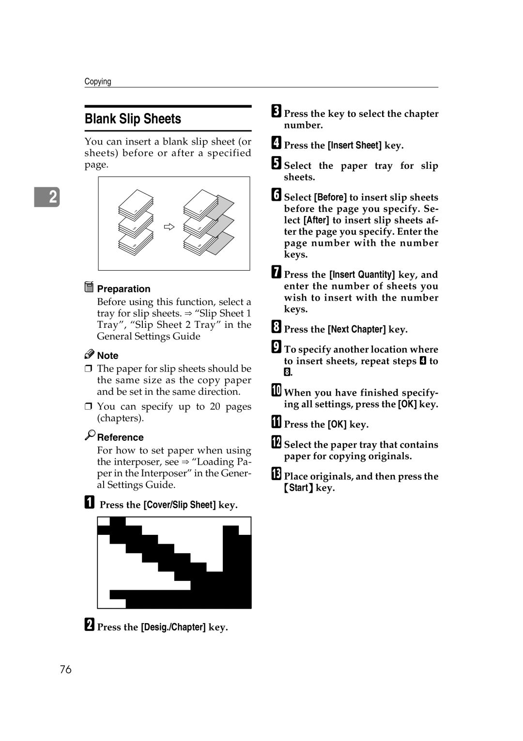 Savin 2575, 2565 specifications Blank Slip Sheets, Press the key to select the chapter number, Press the Insert Sheet key 