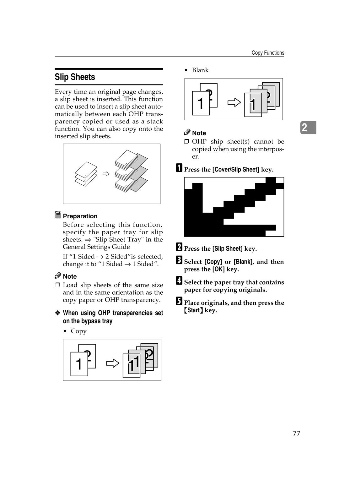 Savin 2565, 2575 specifications Slip Sheets, When using OHP transparencies set on the bypass tray 