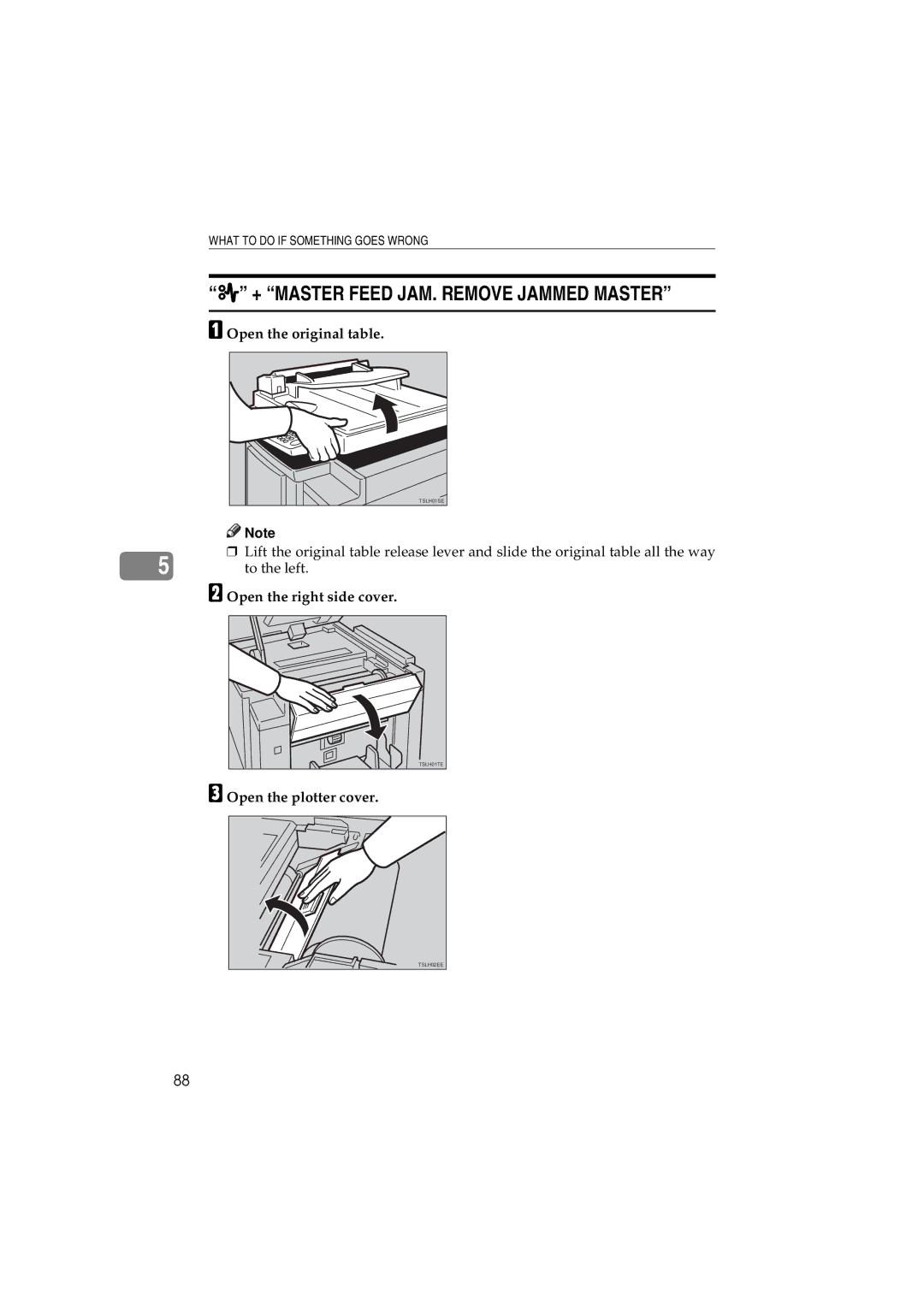 Savin 3150eDNP manual + Master Feed JAM. Remove Jammed Master, Open the original table 