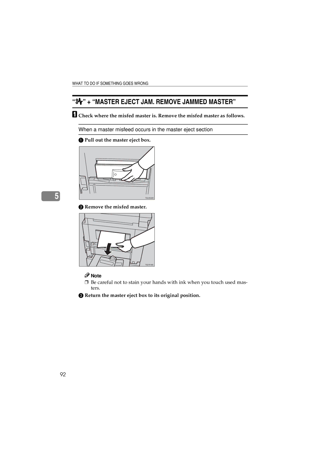 Savin 3150eDNP manual + Master Eject JAM. Remove Jammed Master, Pull out the master eject box, Remove the misfed master 