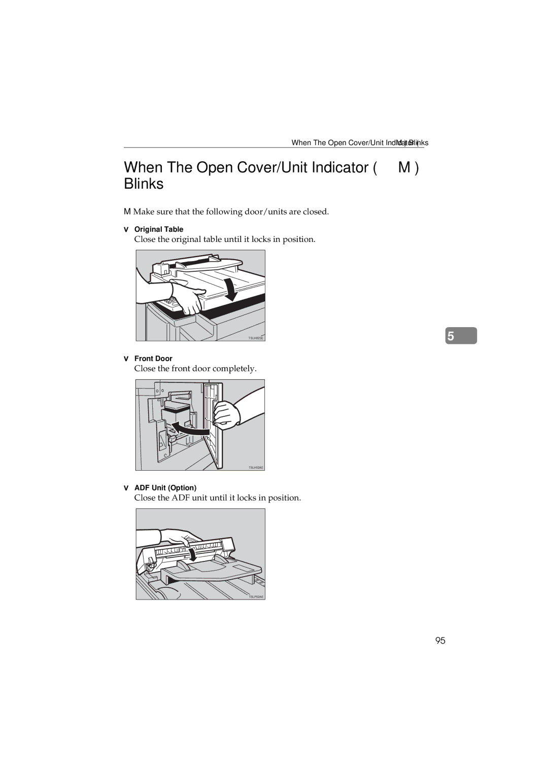 Savin 3150eDNP manual When The Open Cover/Unit Indicator M Blinks, Original Table, Front Door, ADF Unit Option 