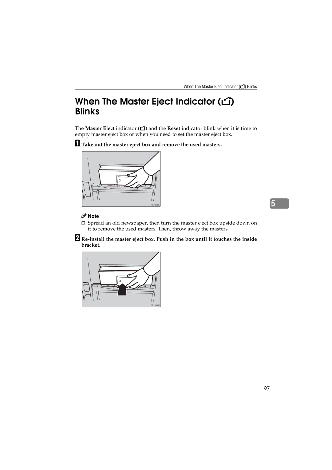 Savin 3150eDNP manual When The Master Eject Indicator k Blinks, Take out the master eject box and remove the used masters 