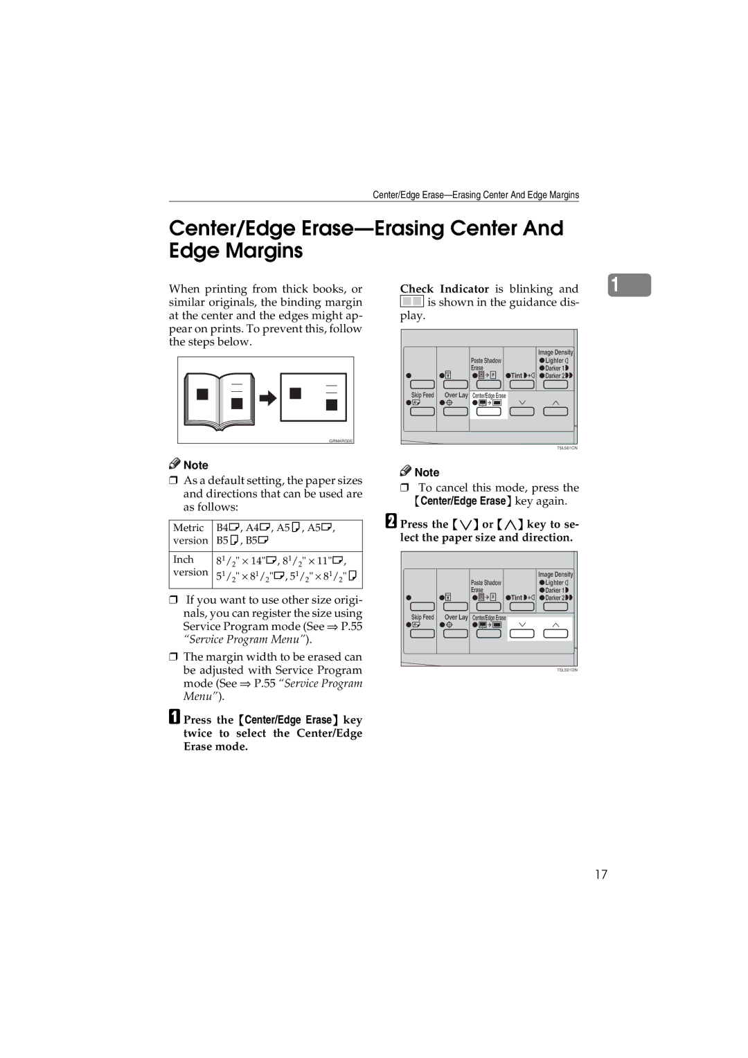 Savin 3150eDNP Center/Edge Erase-Erasing Center And Edge Margins, Check Indicator is blinking, Center/Edge Erase key again 