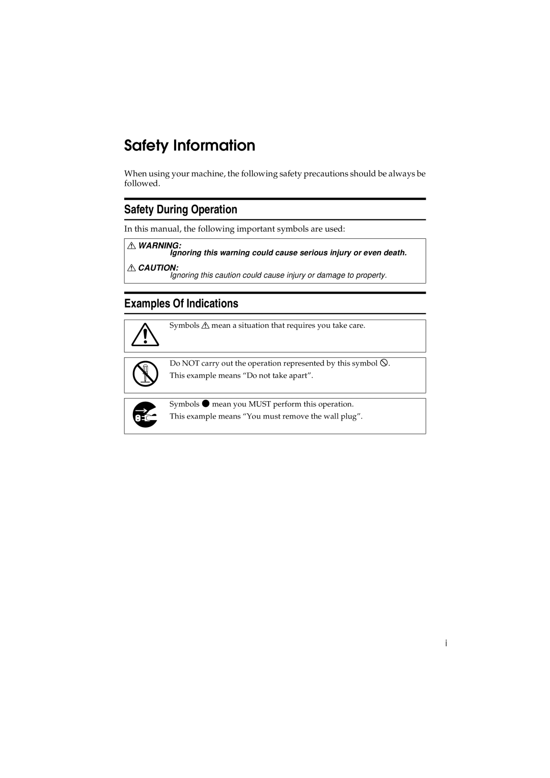 Savin 3150eDNP manual Safety Information, Safety During Operation, Examples Of Indications 