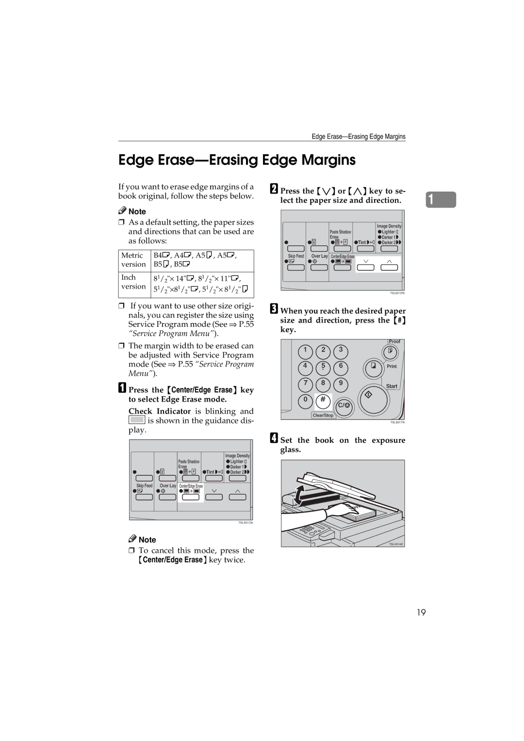 Savin 3150eDNP manual Edge Erase-Erasing Edge Margins, Press the or key to se Lect the paper size and direction 