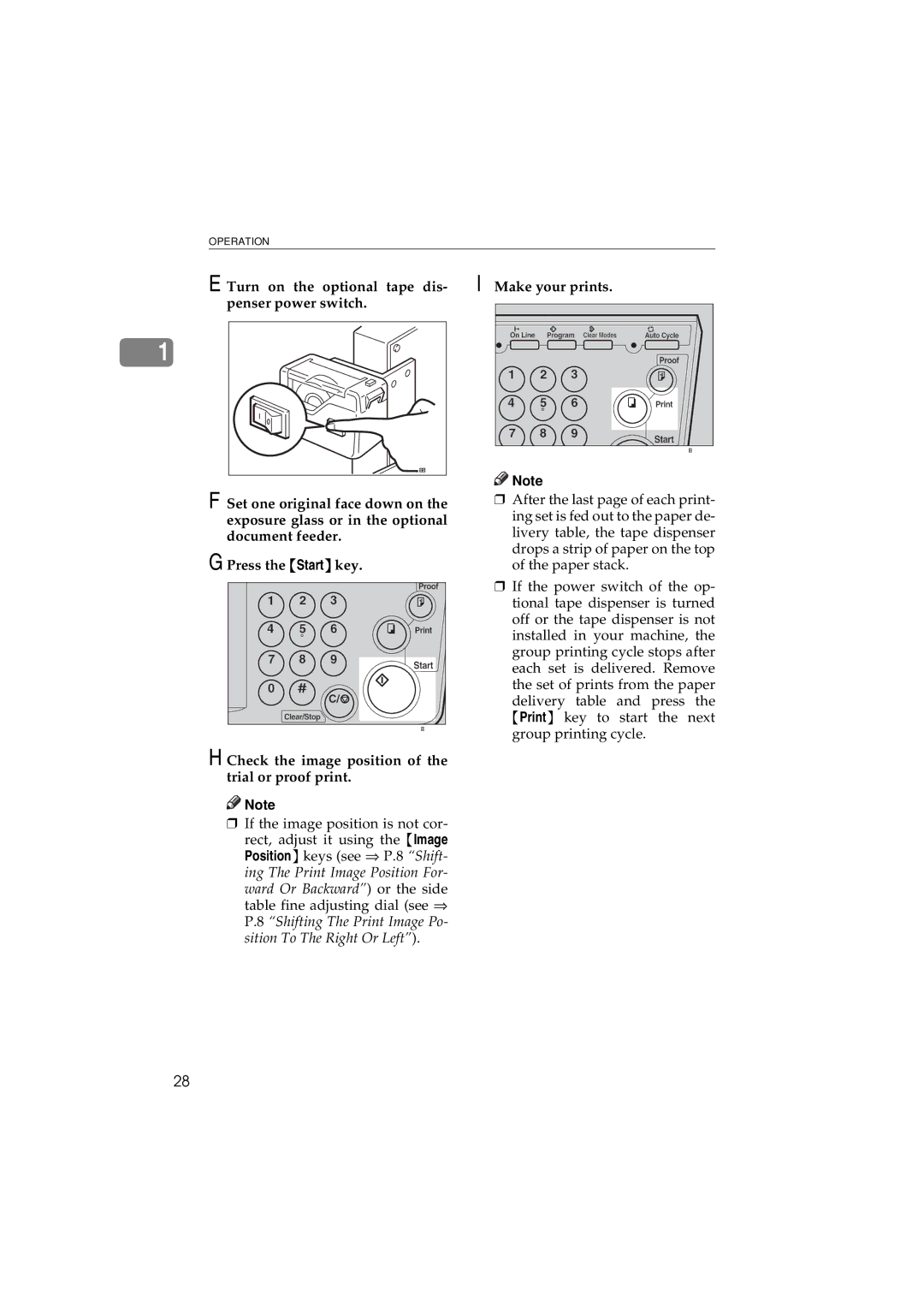 Savin 3150eDNP Turn on the optional tape dis- penser power switch, Check the image position of the trial or proof print 