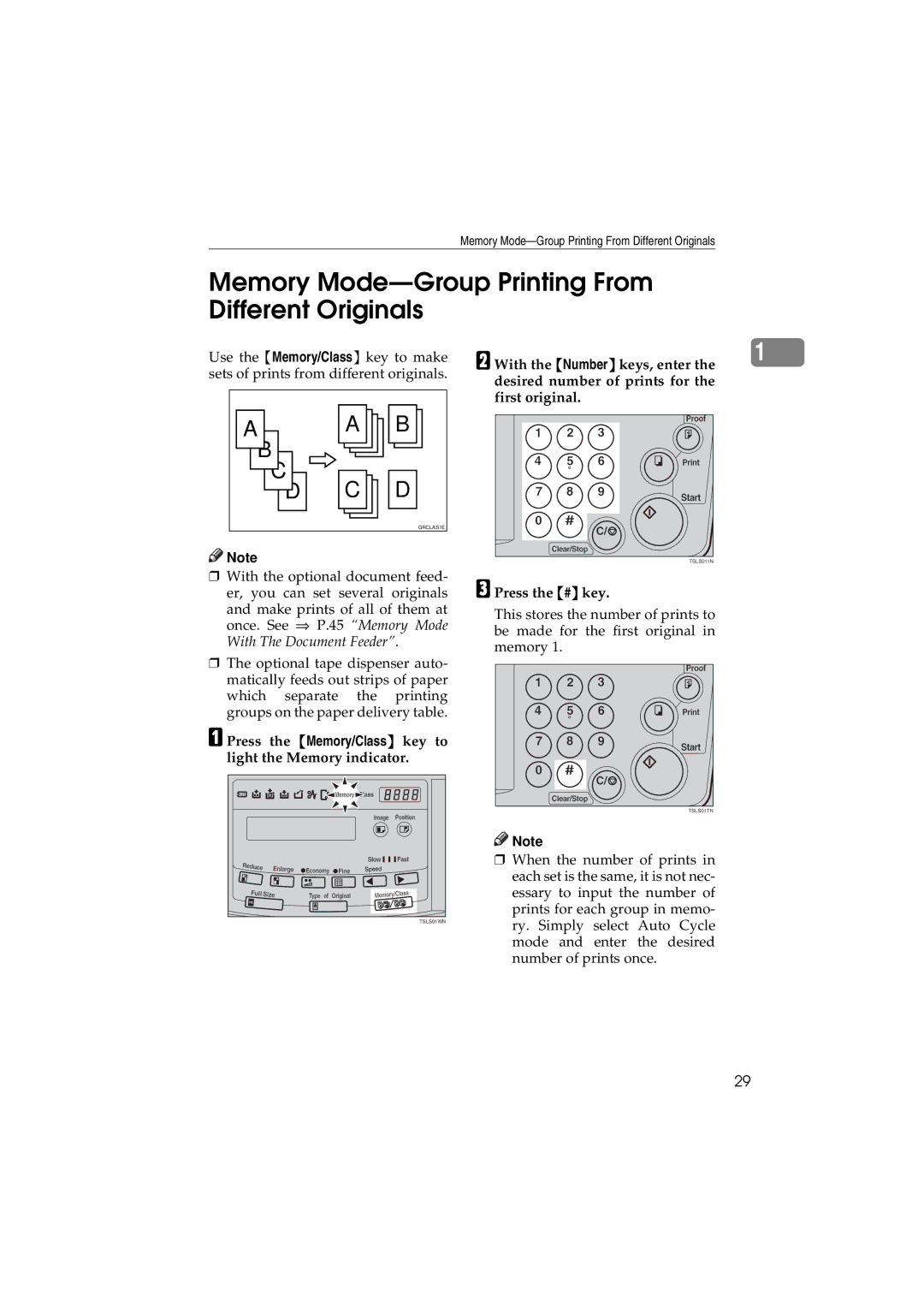 Savin 3150eDNP manual Memory Mode-Group Printing From Different Originals 