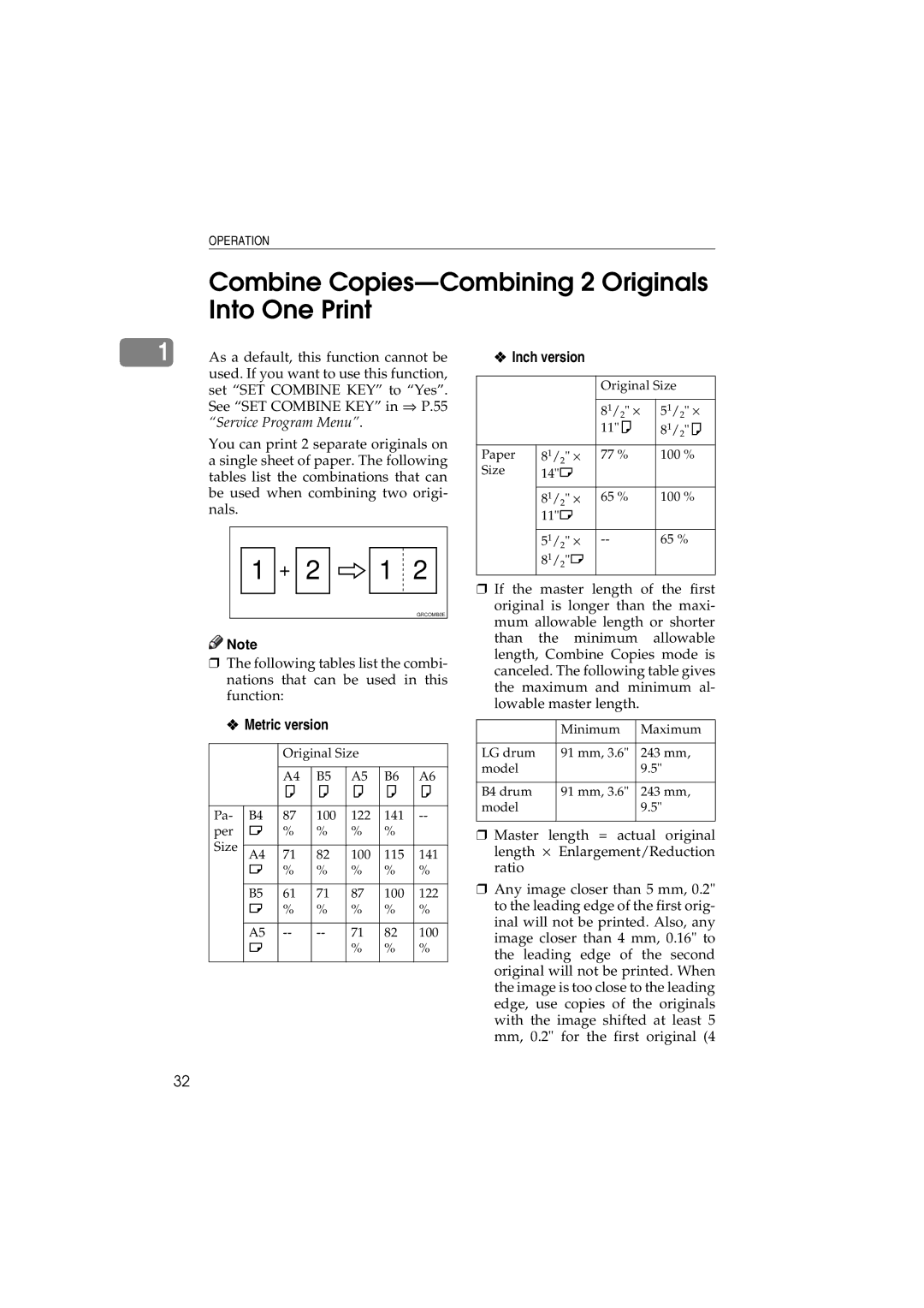 Savin 3150eDNP manual Combine Copies-Combining 2 Originals Into One Print, Metric version, Inch version 