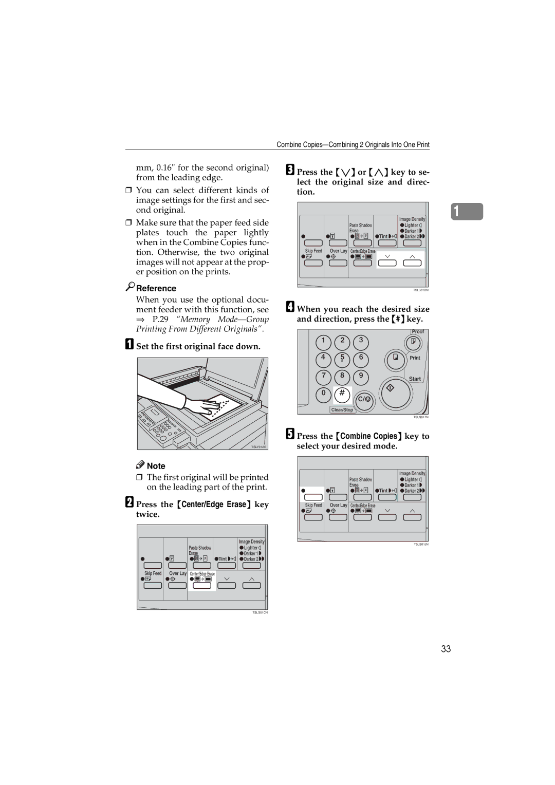 Savin 3150eDNP manual Set the first original face down, Press the Center/Edge Erase key twice 