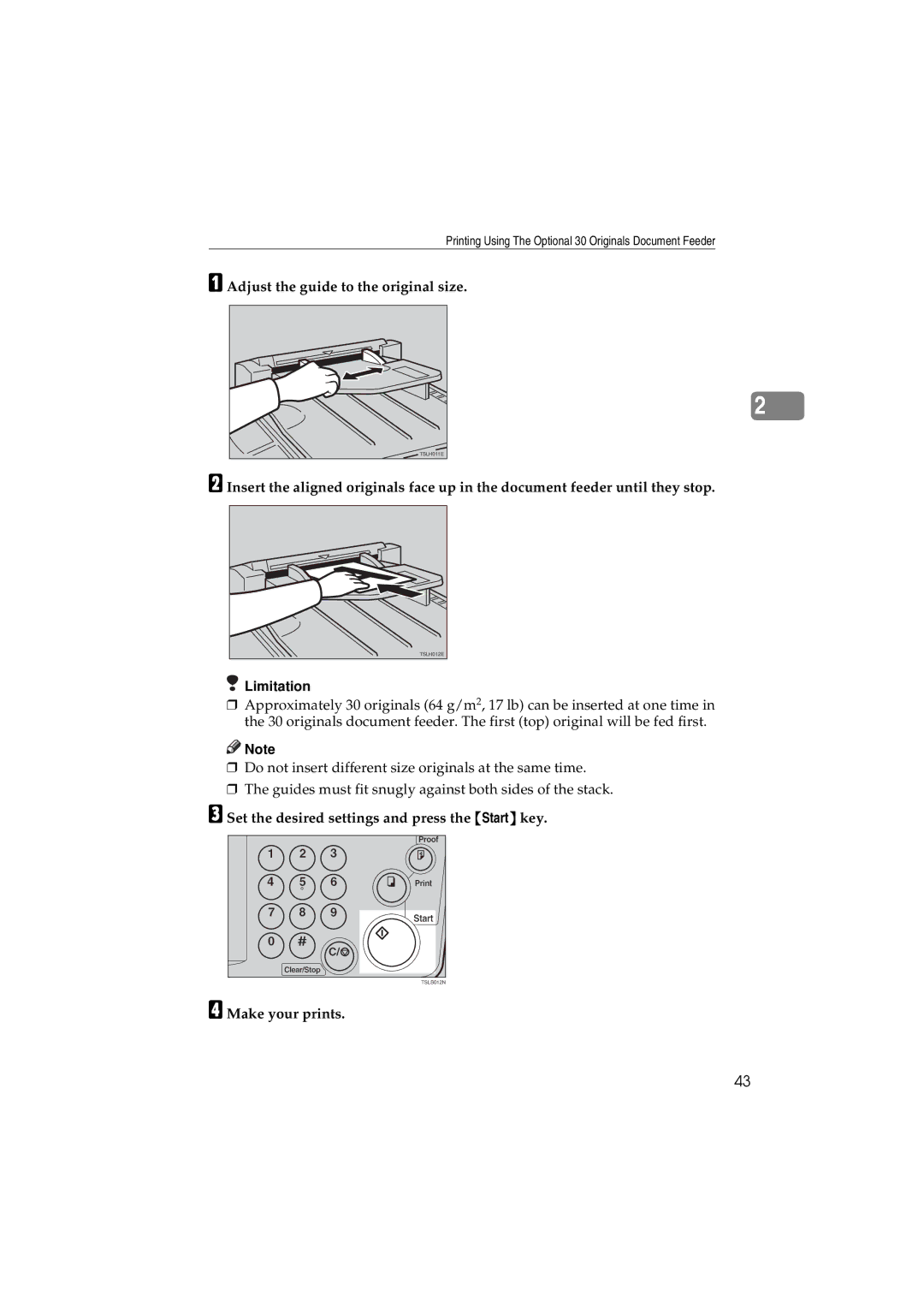 Savin 3150eDNP manual Adjust the guide to the original size, Set the desired settings and press the Start key 