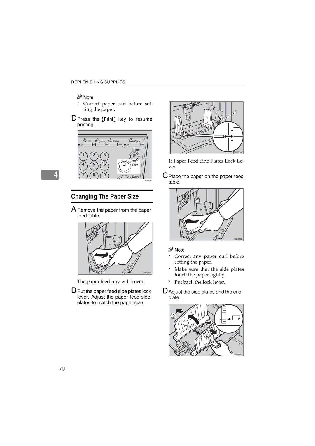 Savin 3150eDNP Changing The Paper Size, Press the Print key to resume printing, Place the paper on the paper feed table 