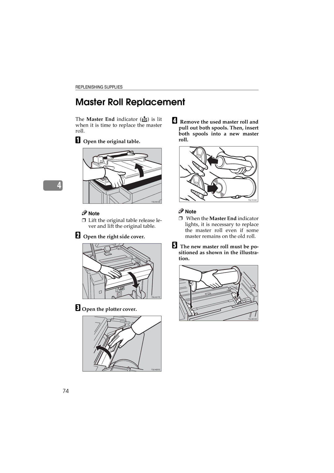 Savin 3150eDNP manual Master Roll Replacement, Open the original table, Open the right side cover, Open the plotter cover 