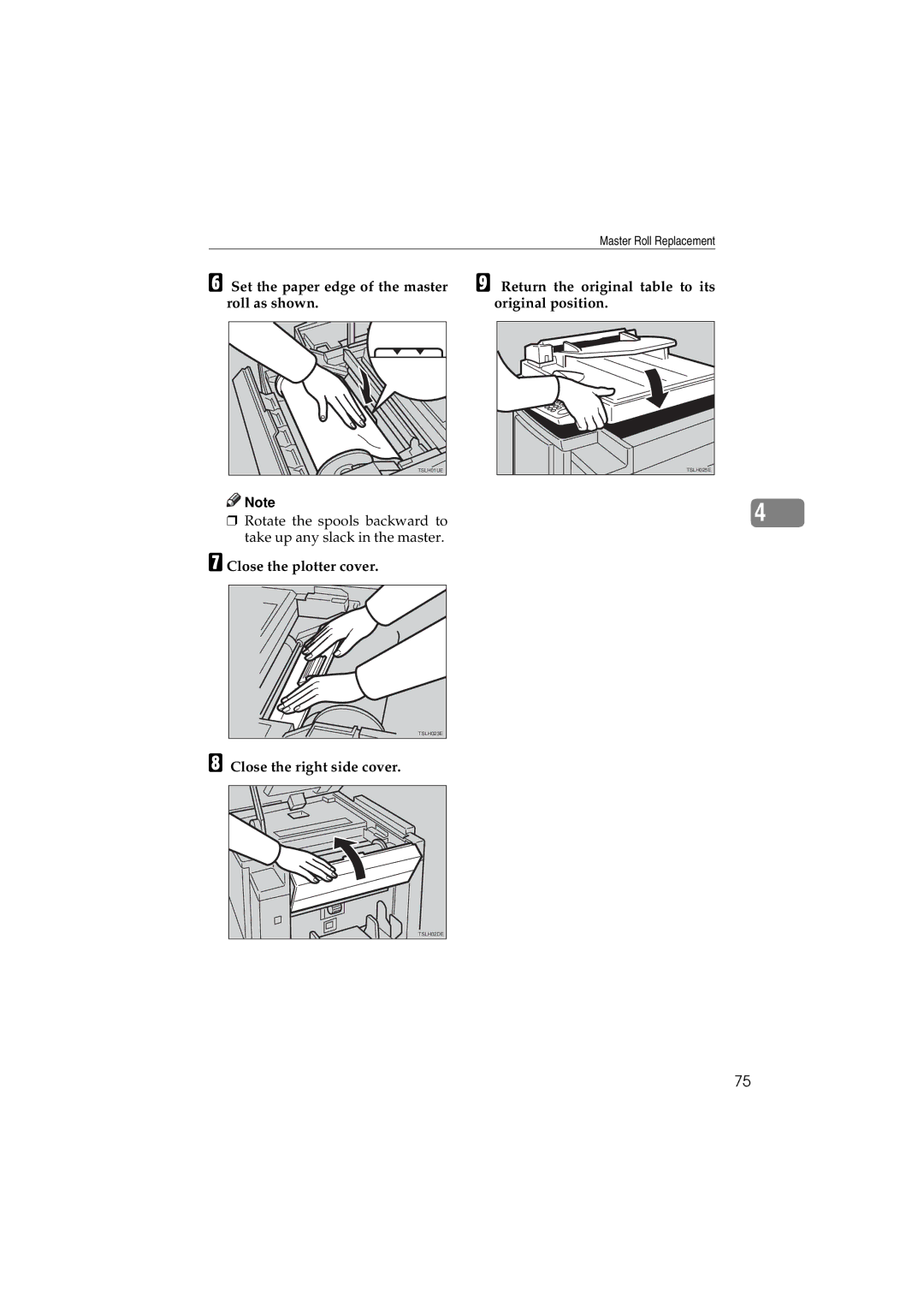 Savin 3150eDNP manual Set the paper edge of the master roll as shown, Close the plotter cover, Close the right side cover 