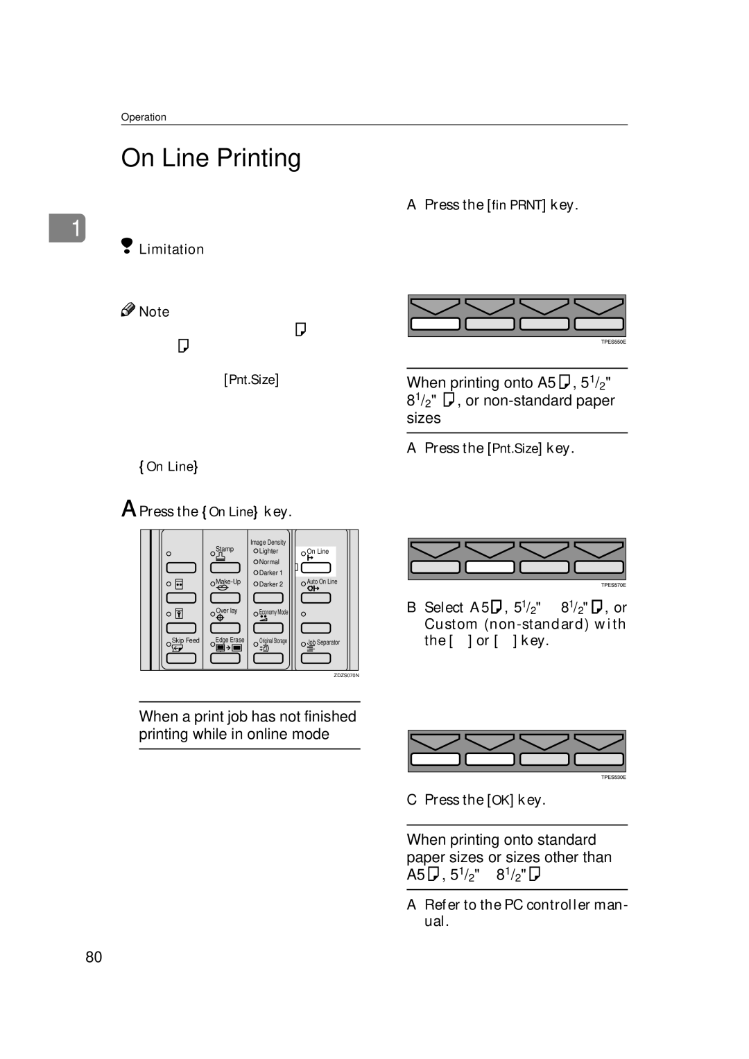 Savin 3360DNP operating instructions On Line Printing, Press the On Line key Press the fin Prnt key, Press the Pnt.Size key 