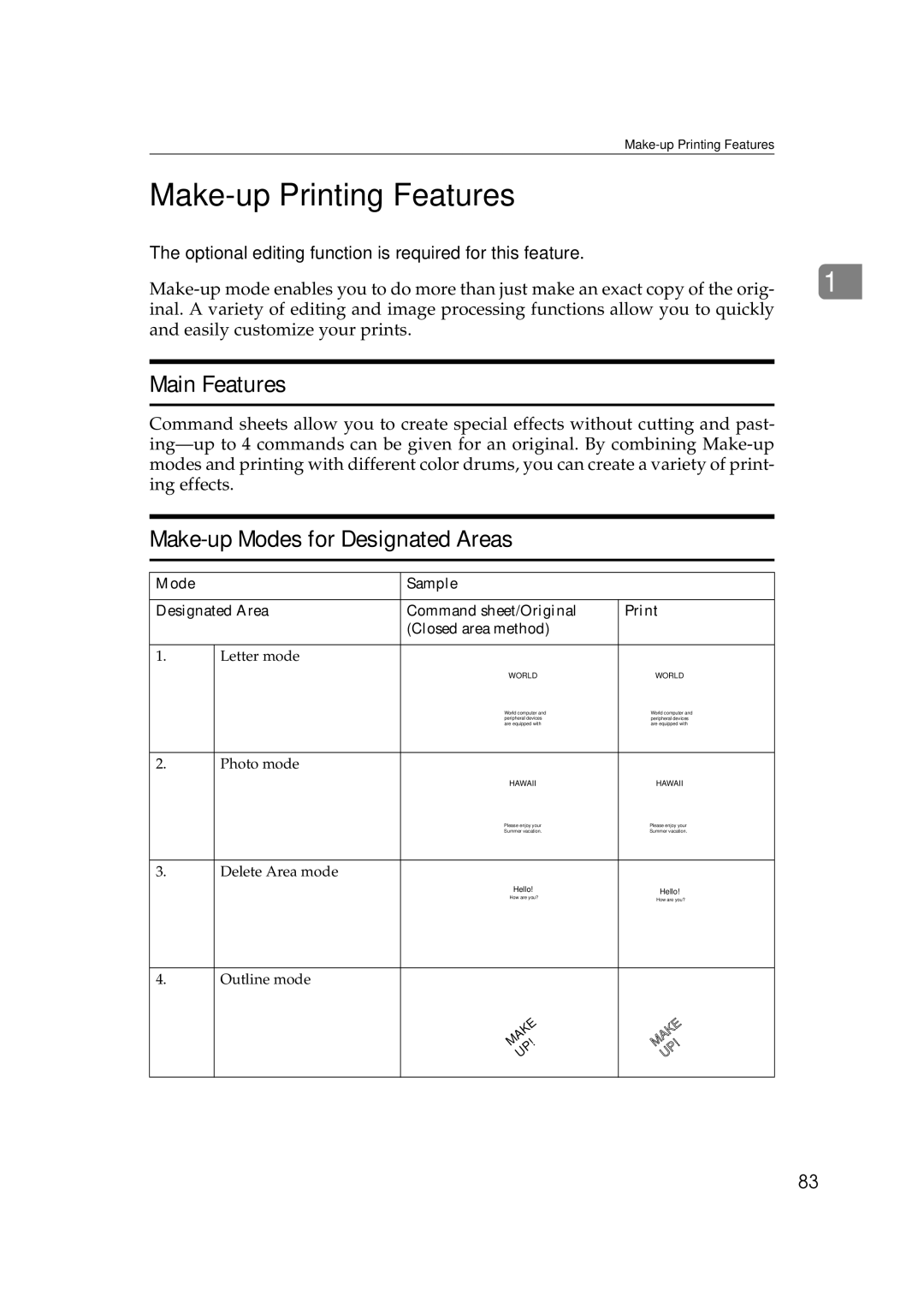 Savin 3360DNP operating instructions Make-up Printing Features, Main Features, Make-up Modes for Designated Areas 