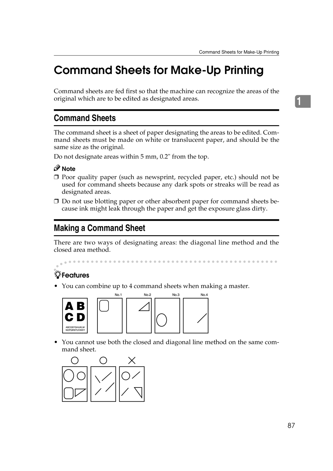 Savin 3360DNP operating instructions Command Sheets for Make-Up Printing, Making a Command Sheet, Features 