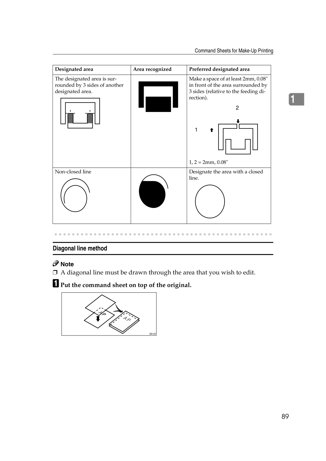 Savin 3360DNP operating instructions Diagonal line method, Put the command sheet on top of the original 