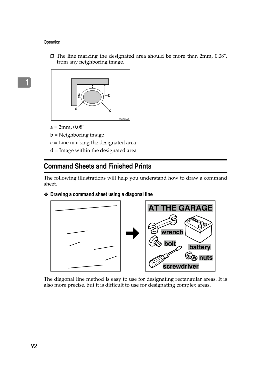 Savin 3360DNP operating instructions Command Sheets and Finished Prints, Drawing a command sheet using a diagonal line 