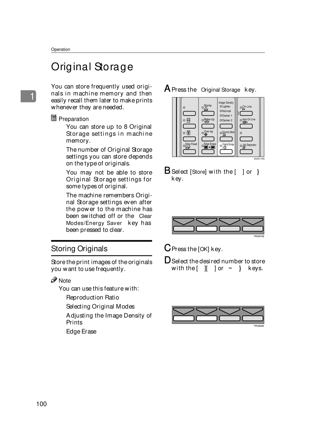 Savin 3360DNP operating instructions Original Storage, Storing Originals, 100 