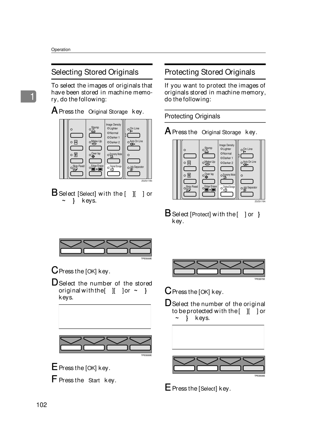 Savin 3360DNP operating instructions Protecting Stored Originals, Protecting Originals, 102 