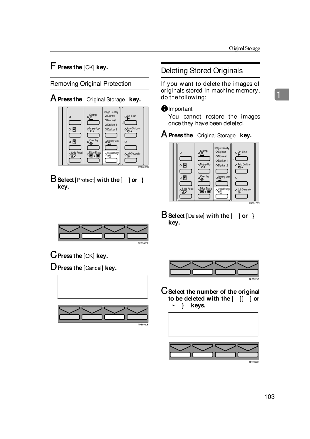 Savin 3360DNP operating instructions Deleting Stored Originals, Removing Original Protection, 103 