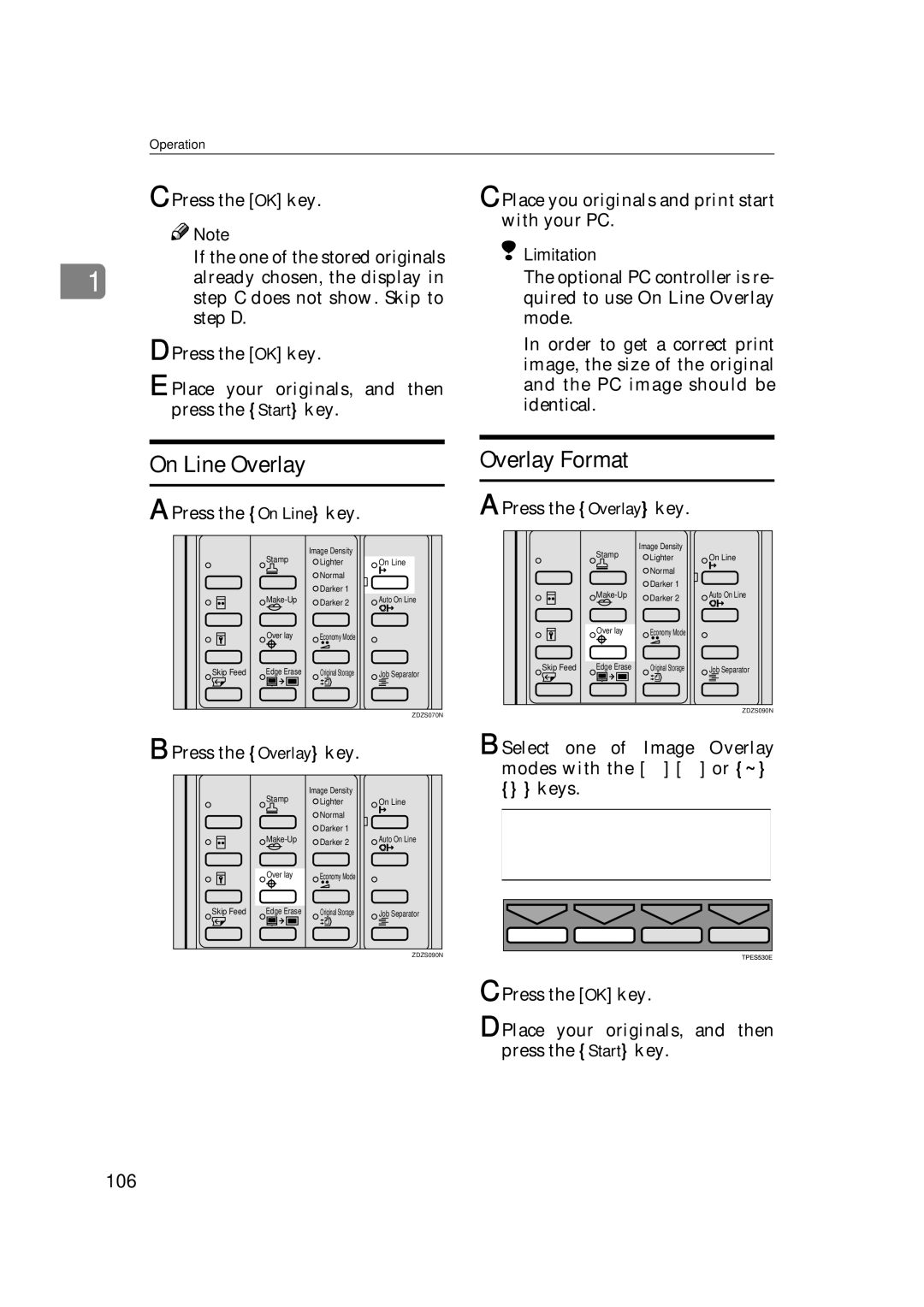 Savin 3360DNP operating instructions On Line Overlay, Overlay Format, 106, Press the On Line key 