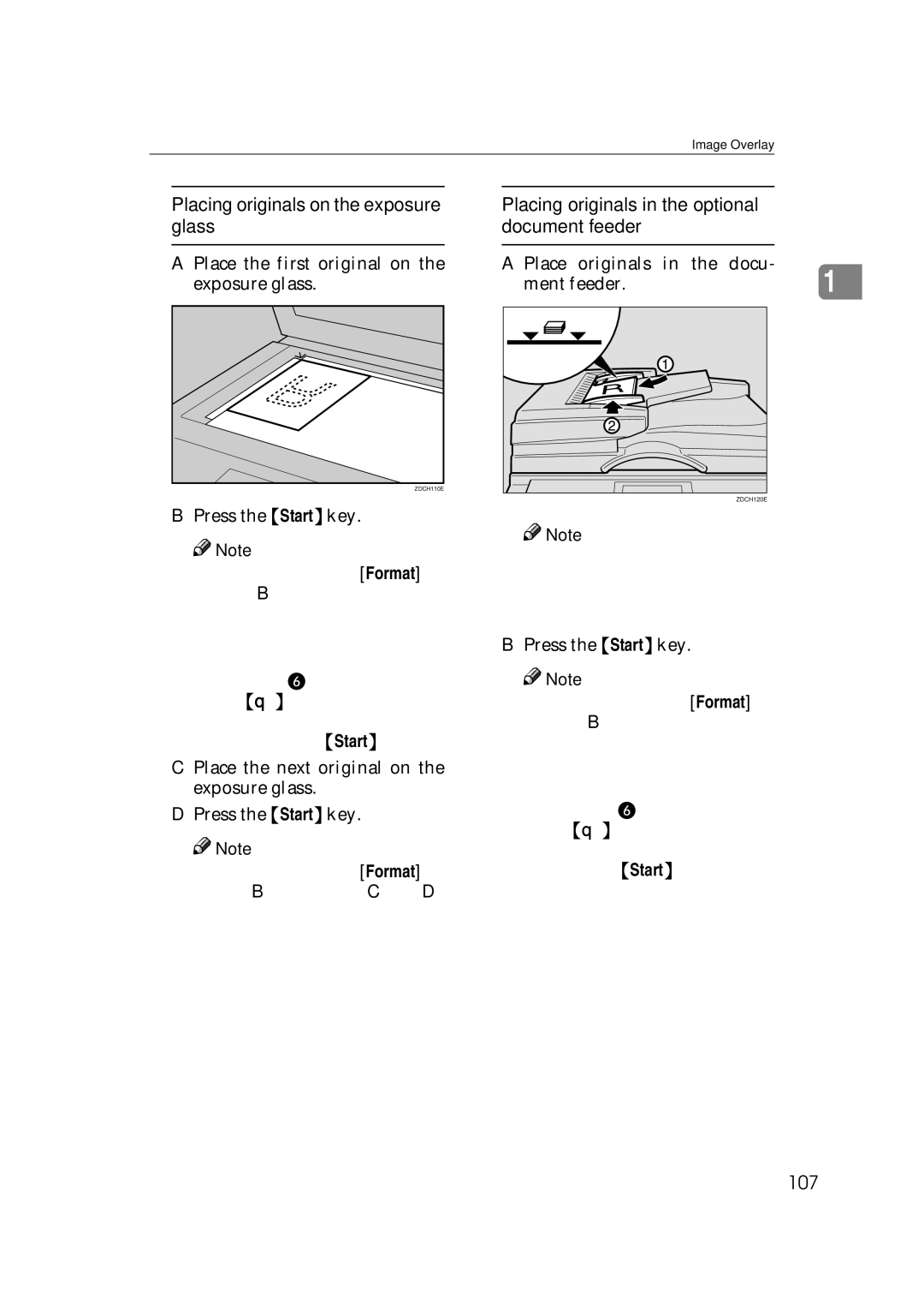 Savin 3360DNP Placing originals in the optional document feeder, 107, Place the first original on the exposure glass 