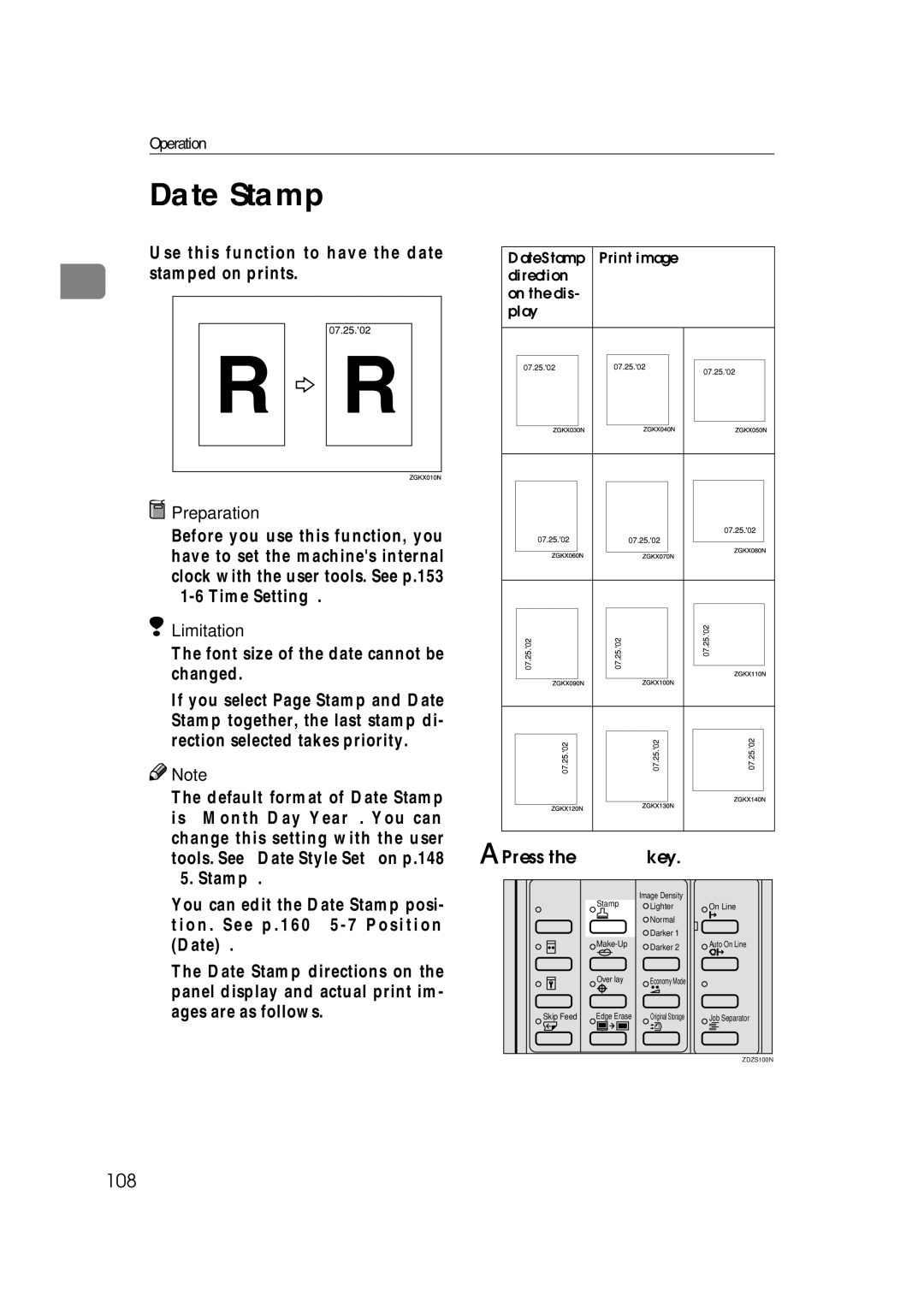 Savin 3360DNP operating instructions Date Stamp, 108, Press the Stamp key 