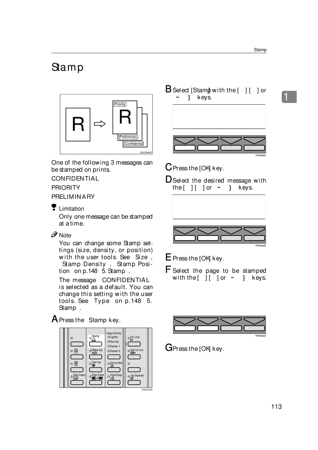 Savin 3360DNP operating instructions 113, Select Stamp with the ← → or 