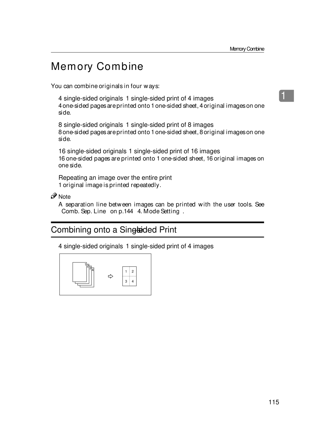 Savin 3360DNP operating instructions Memory Combine, Combining onto a Single-sided Print 