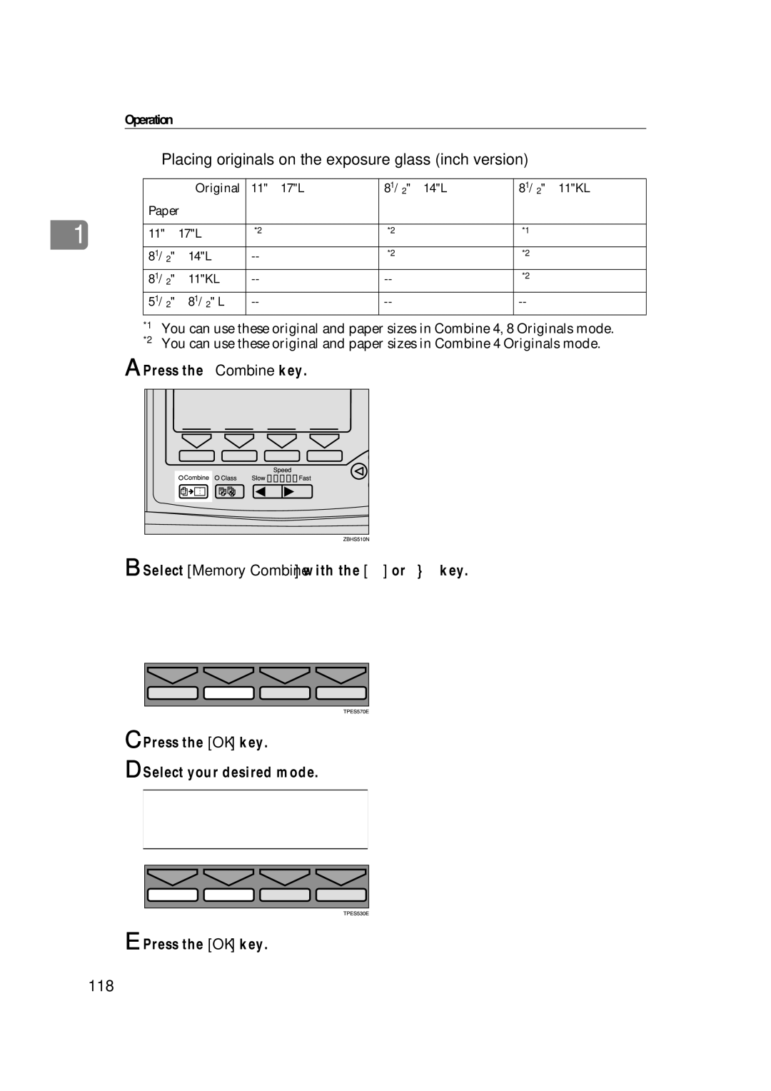 Savin 3360DNP operating instructions Placing originals on the exposure glass inch version, 118 