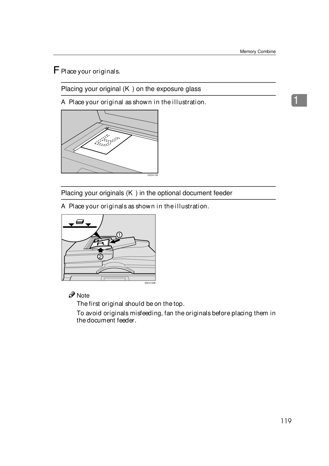 Savin 3360DNP operating instructions Placing your original K on the exposure glass, 119, Place your originals 