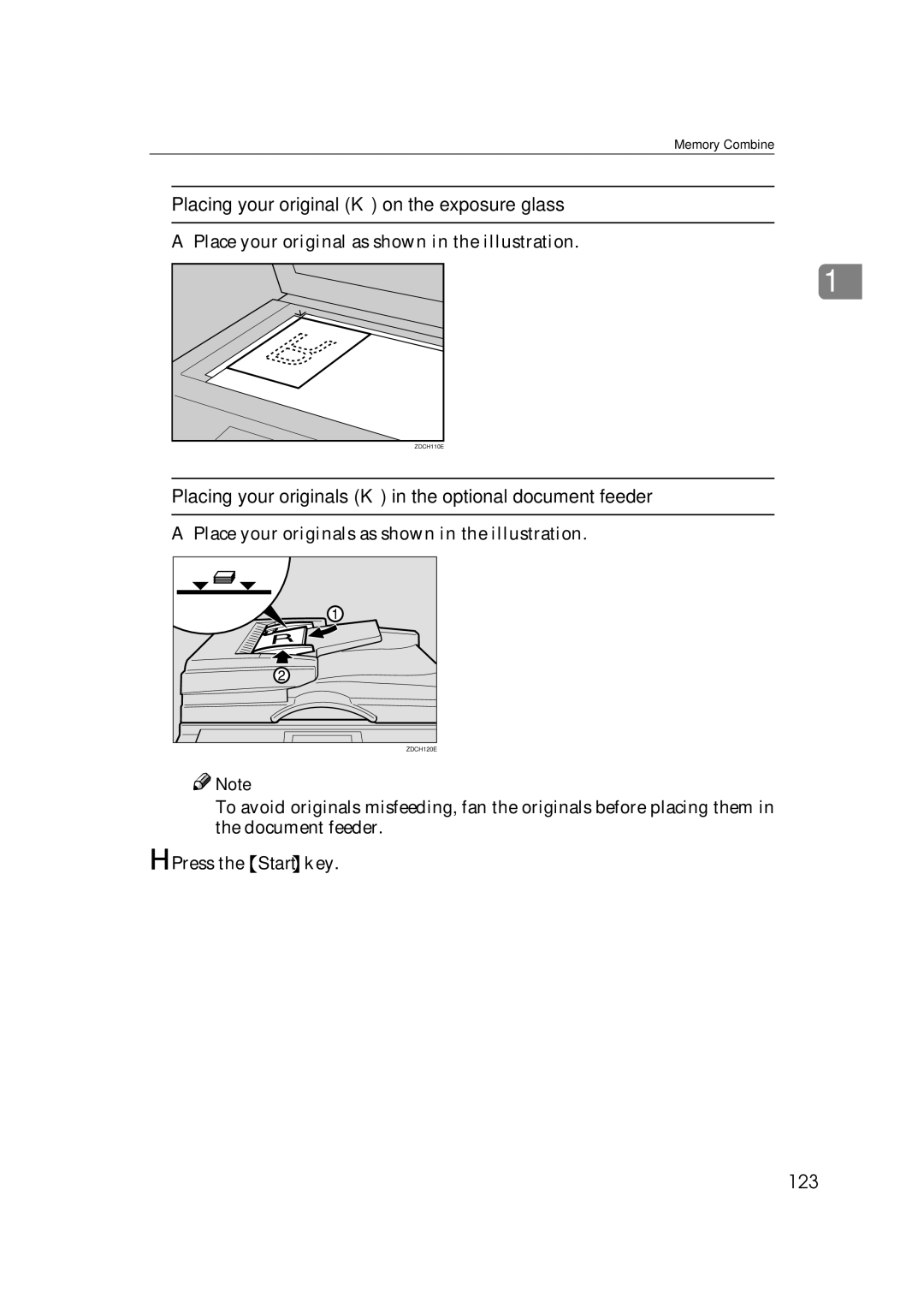 Savin 3360DNP operating instructions Placing your original K on the exposure glass, 123 