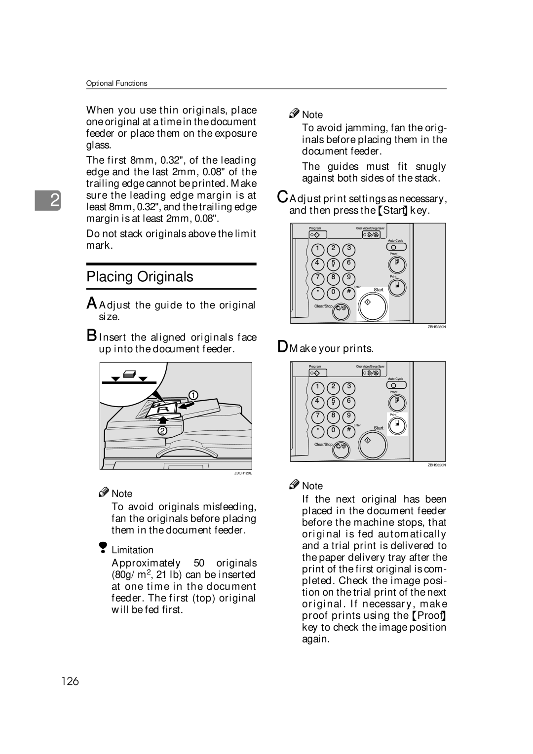 Savin 3360DNP operating instructions Placing Originals, 126 