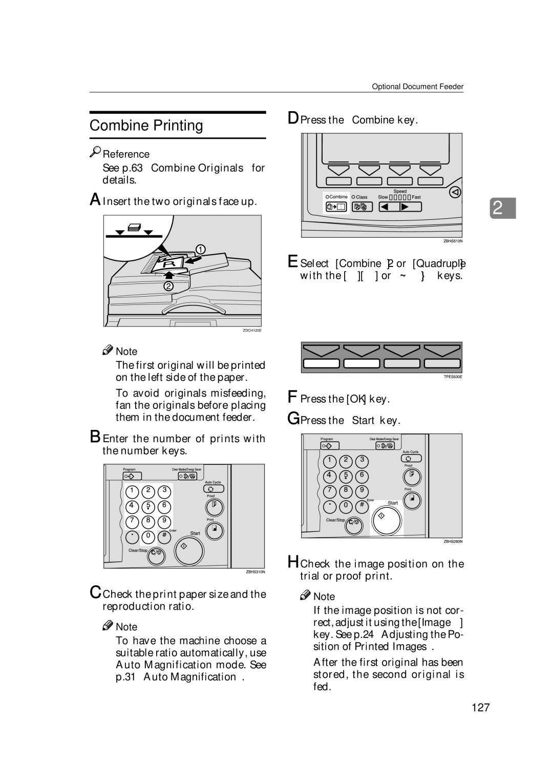 Savin 3360DNP operating instructions Combine Printing, 127, Insert the two originals face up 