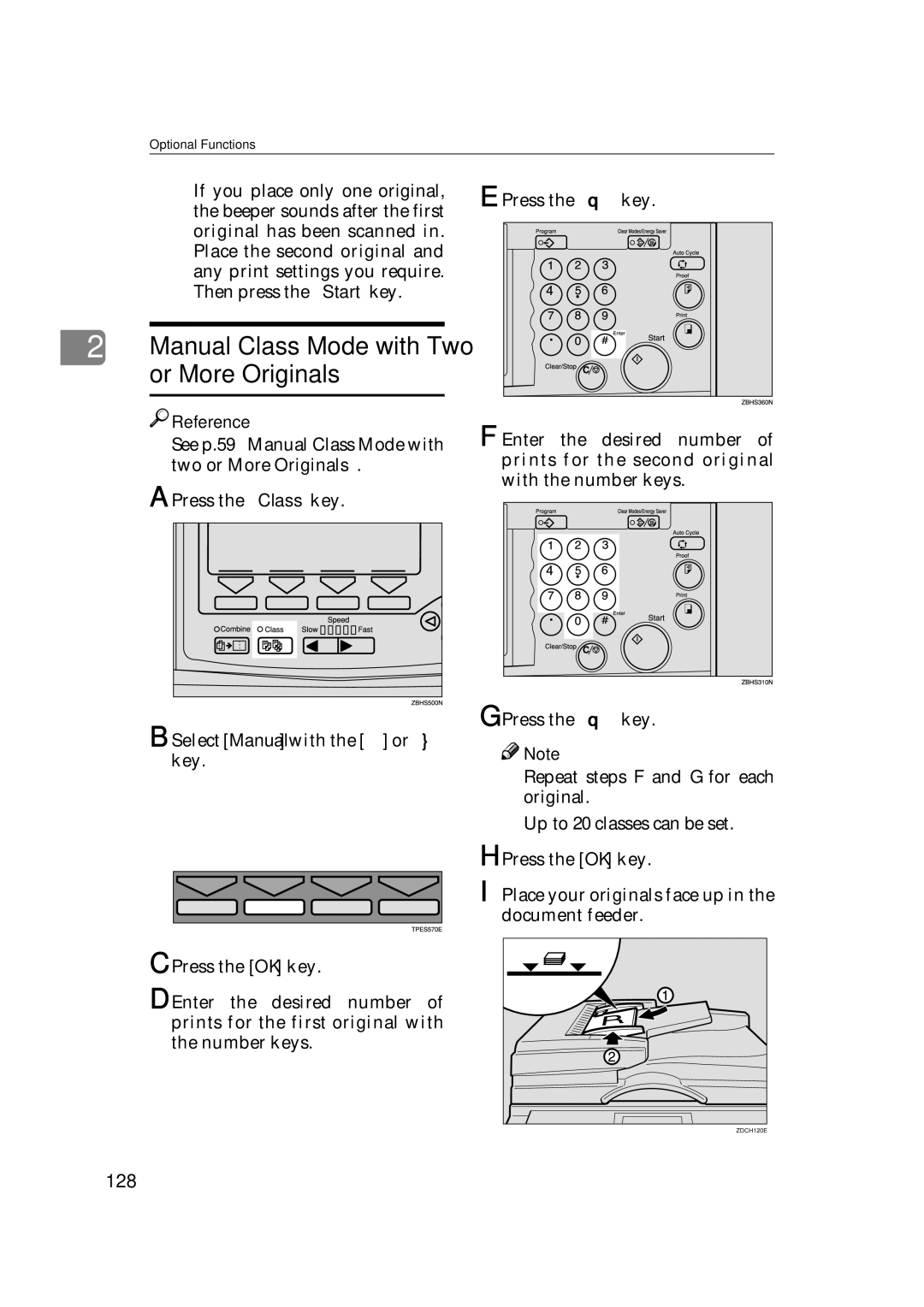 Savin 3360DNP operating instructions Manual Class Mode with Two or More Originals, 128 