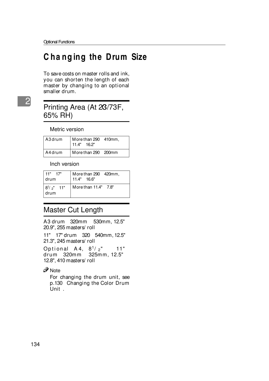 Savin 3360DNP operating instructions Changing the Drum Size, Printing Area At 23C/73F, 65% RH, Master Cut Length, 134 