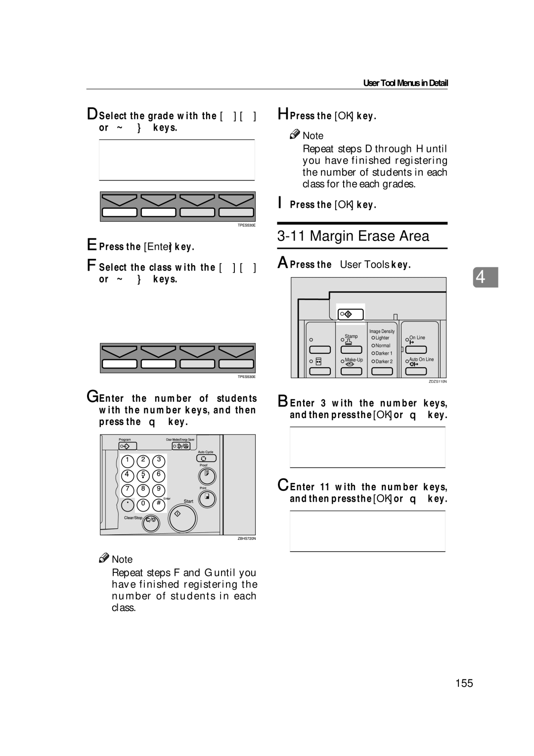 Savin 3360DNP operating instructions Margin Erase Area, 155, Select the grade with the ← → or ~ keys Press the OK key 