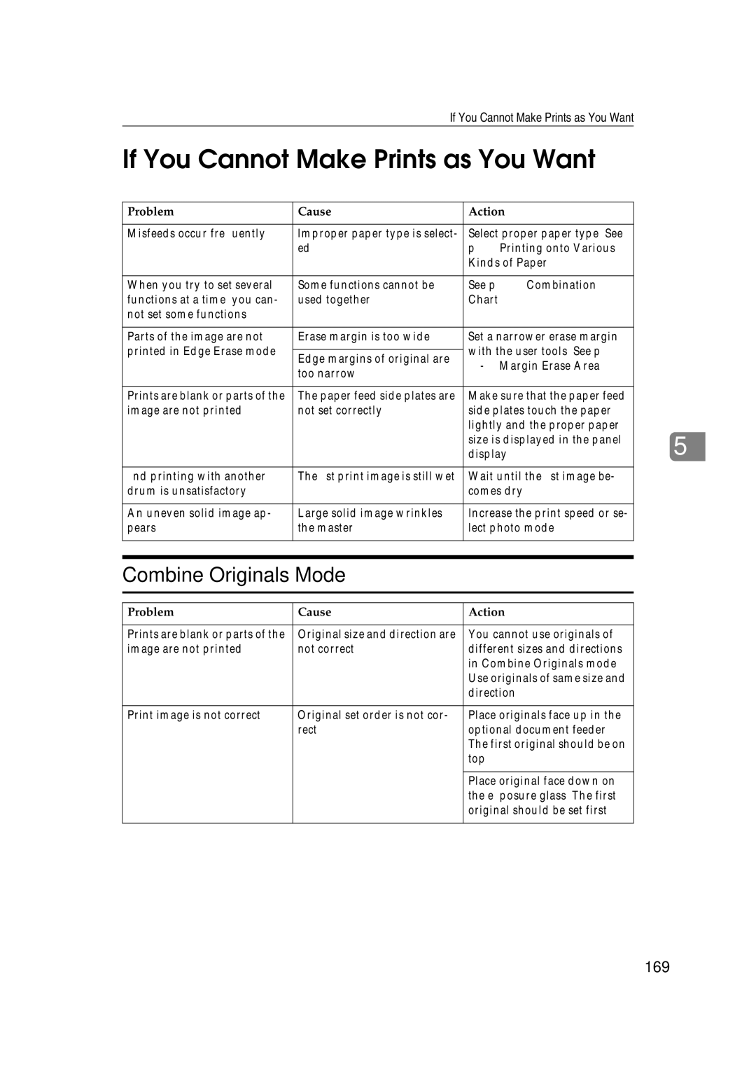 Savin 3360DNP operating instructions If You Cannot Make Prints as You Want, Combine Originals Mode, 169 