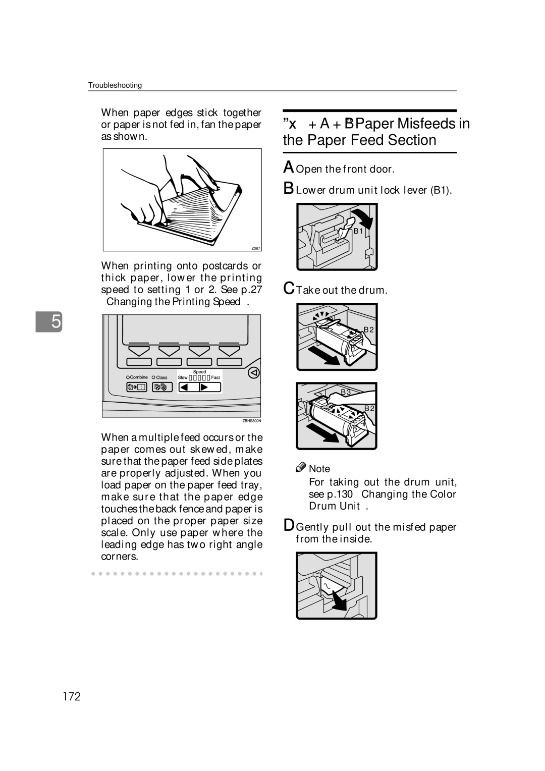 Savin 3360DNP operating instructions 172, Gently pull out the misfed paper from the inside 