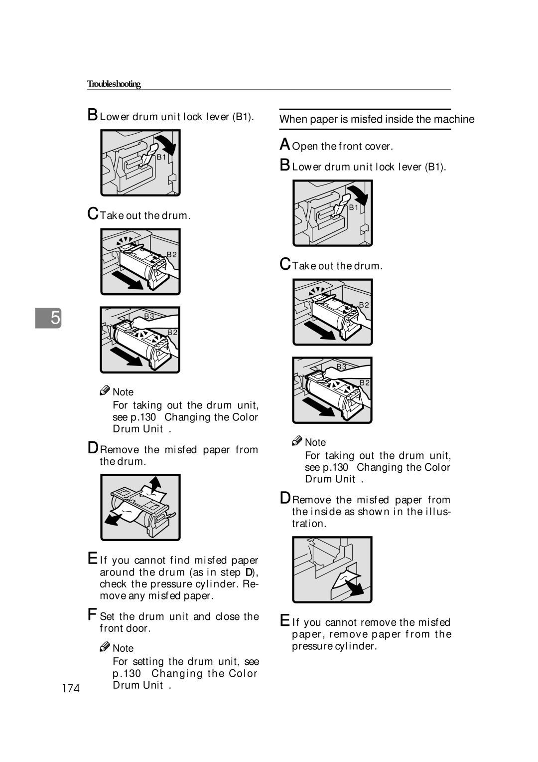 Savin 3360DNP When paper is misfed inside the machine, Lower drum unit lock lever B1 Take out the drum 