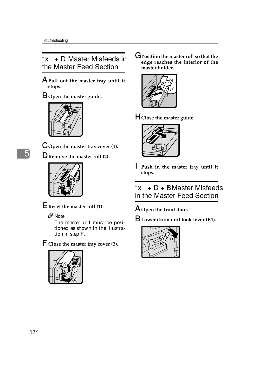 Savin 3360DNP operating instructions 176, Open the front door Lower drum unit look lever B1 