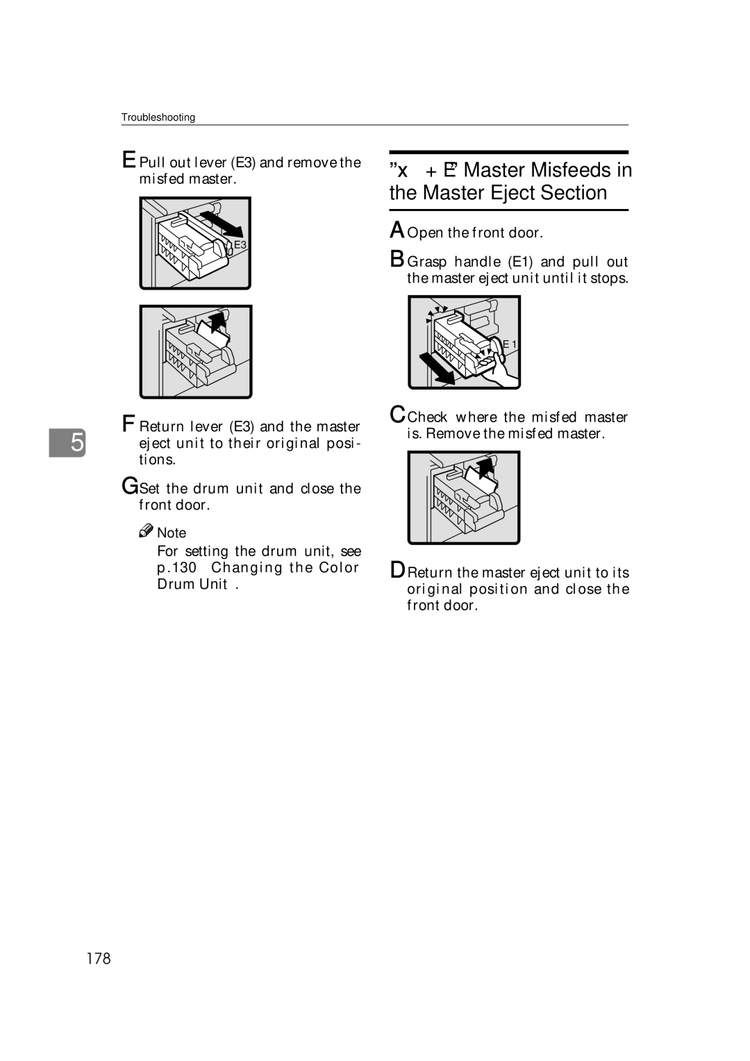 Savin 3360DNP operating instructions 178, Pull out lever E3 and remove the misfed master 