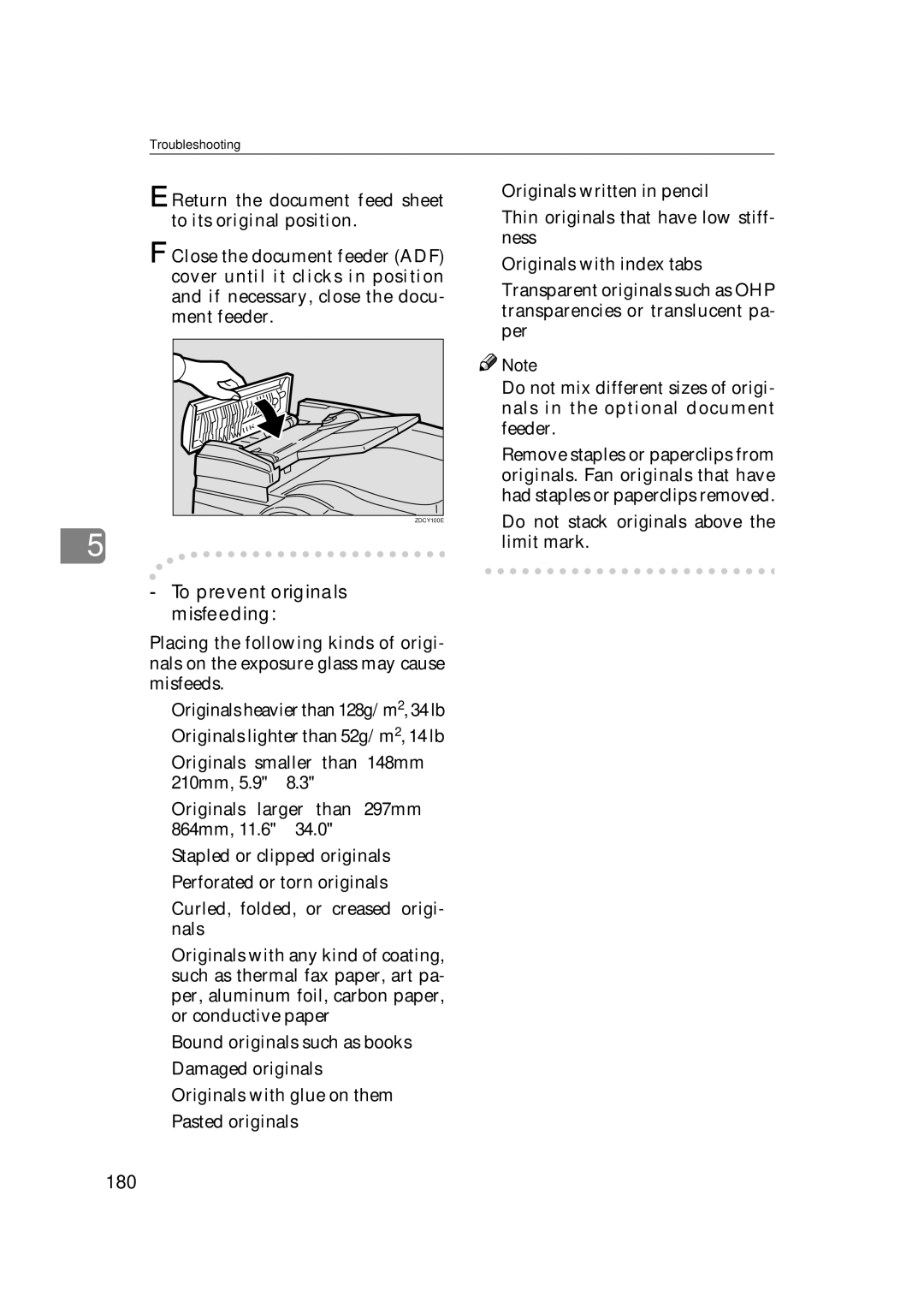 Savin 3360DNP operating instructions To prevent originals misfeeding, 180 