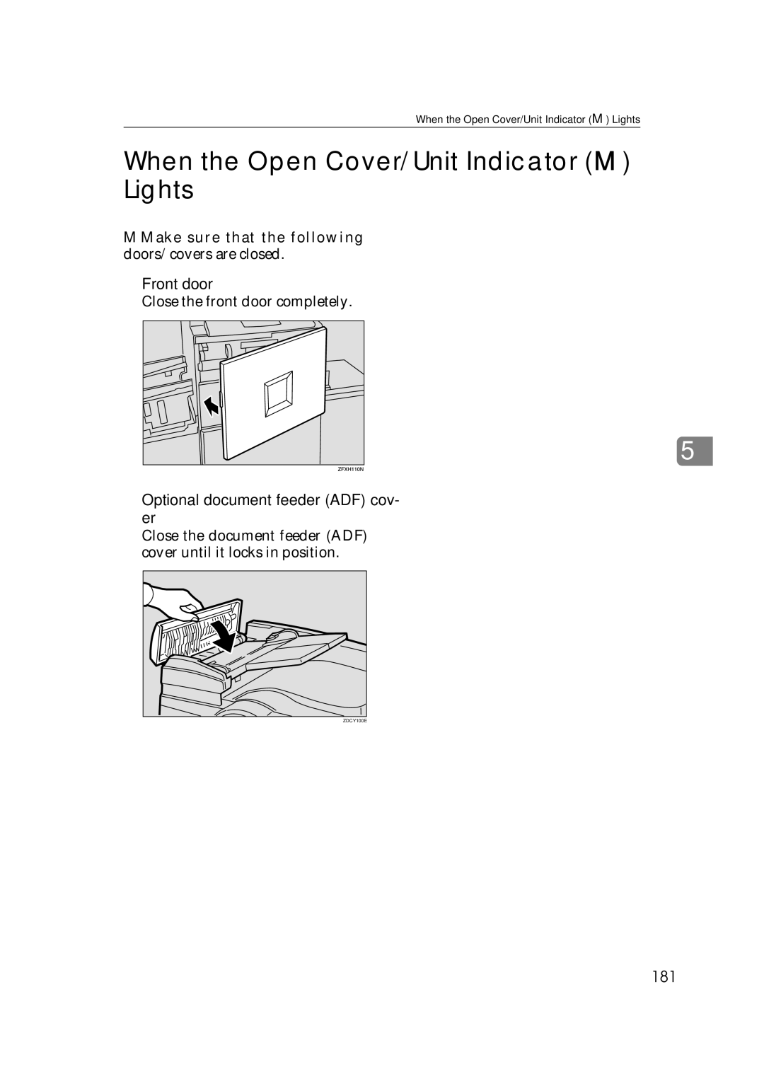 Savin 3360DNP When the Open Cover/Unit Indicator M Lights, Front door, Optional document feeder ADF cov- er, 181 