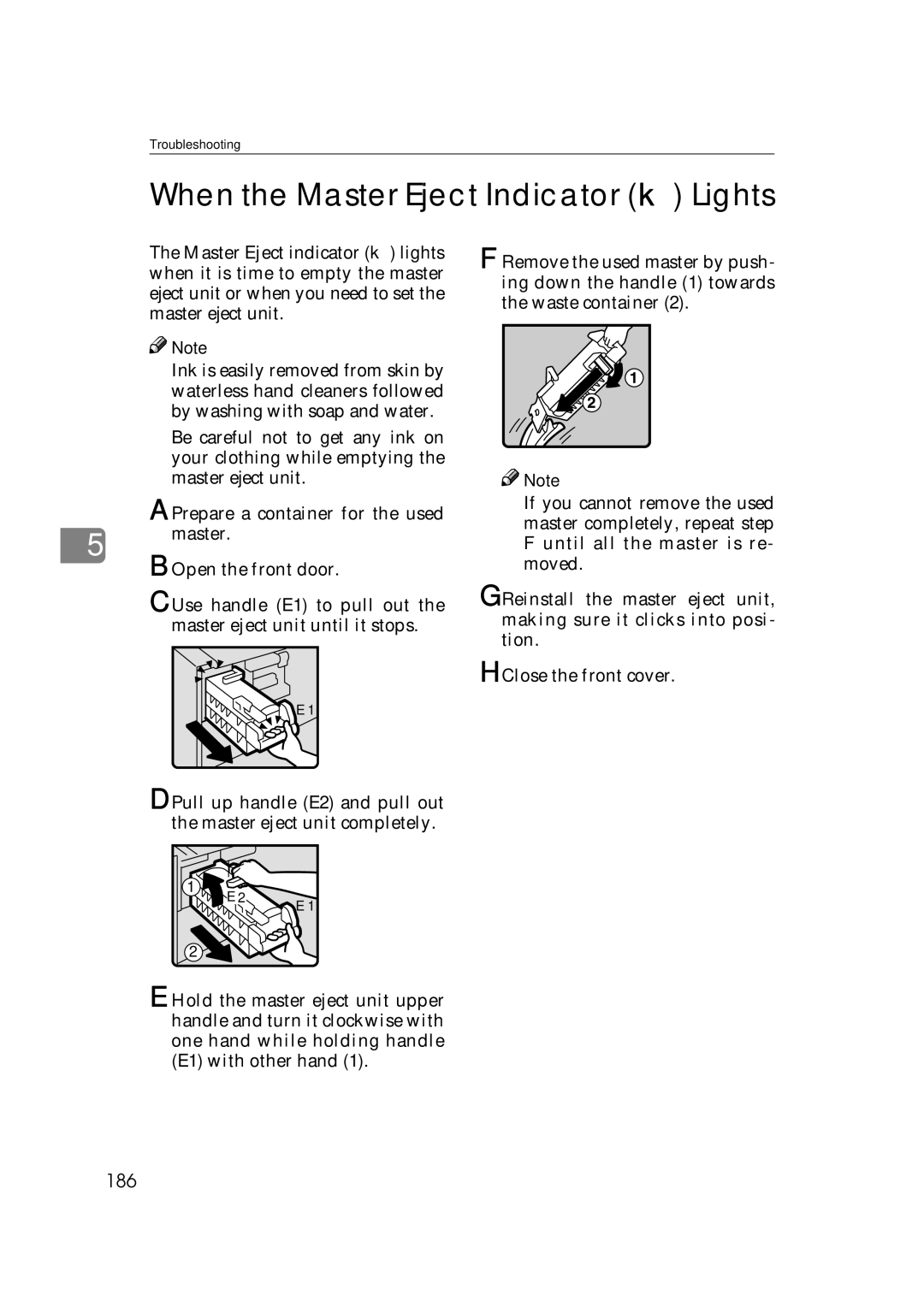 Savin 3360DNP operating instructions When the Master Eject Indicator k Lights, 186 